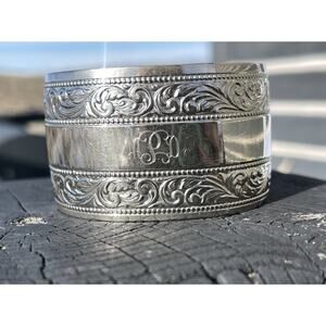 Silver Tone Engraved Scrollwork Wide 1.5” Cuff Bracelet Southwest Western Style